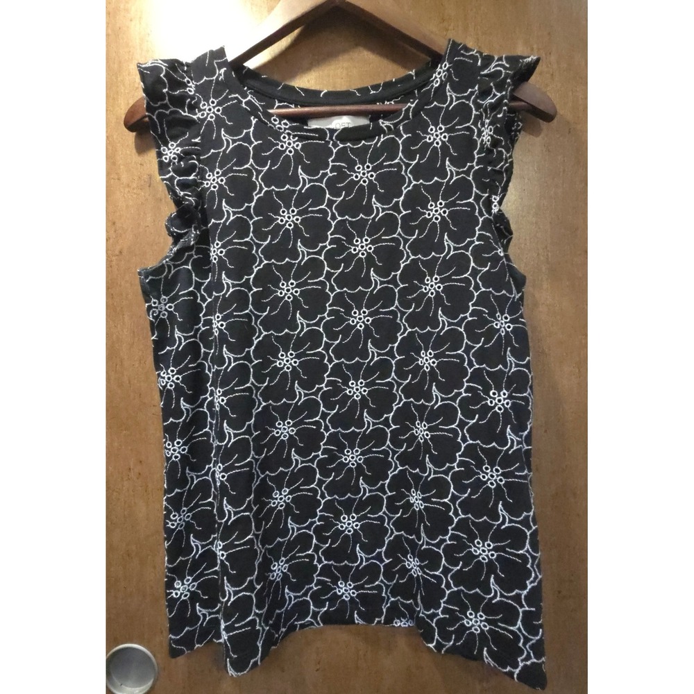 LOFT Womens Black White‎ Floral Embroidered Ruffle Sleeveless Knit Top XS